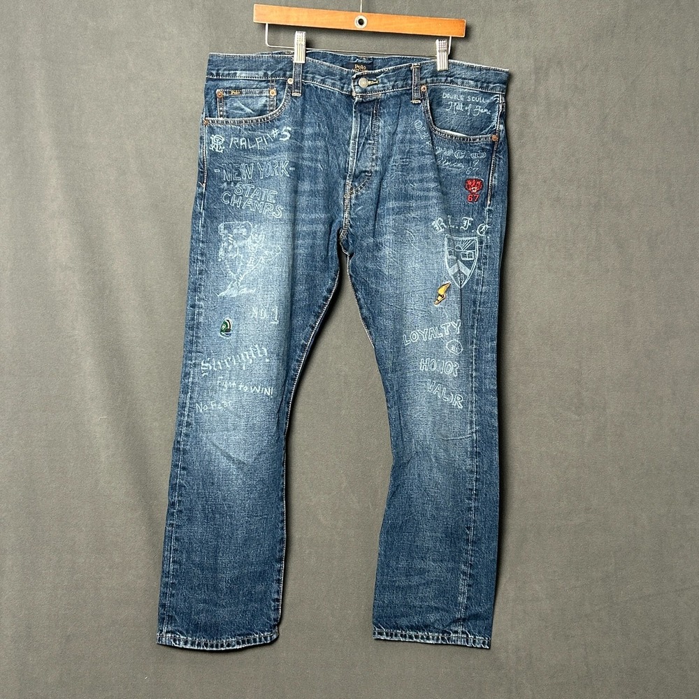 Polo Ralph Lauren Tiger Graphic Patchwork Jeans Mens 38x30 Hampton Relaxed Blue